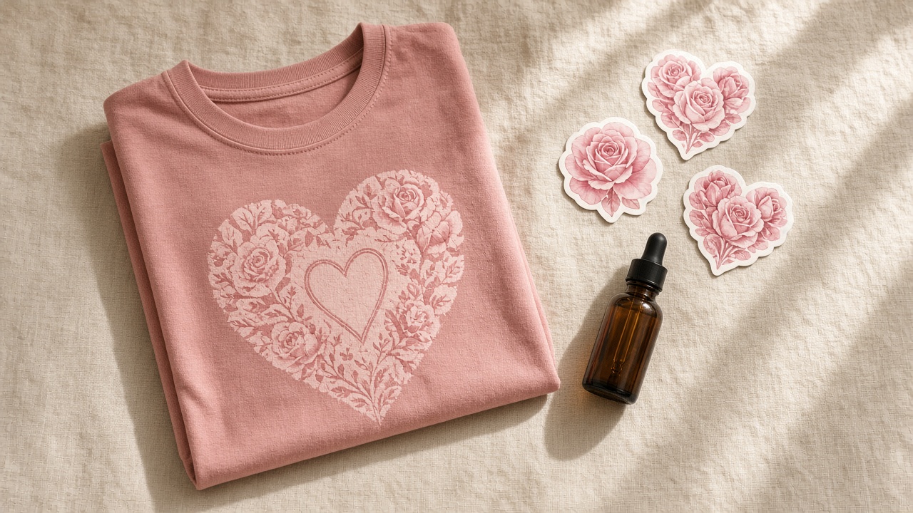 Folded dusty-rose tee with a floral heart, three rose-heart stickers, and a small amber bottle on linen.