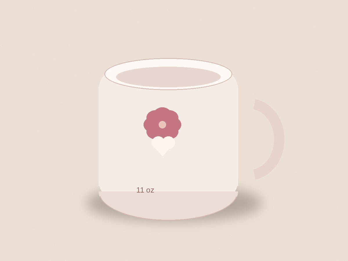 Original illustration of an 11 ounce ceramic mug with a rose and heart mark.