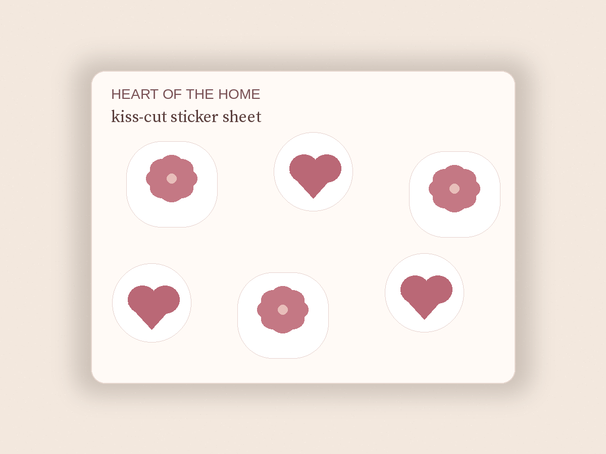 Original illustration of a kiss-cut sticker sheet with rose and heart decals.