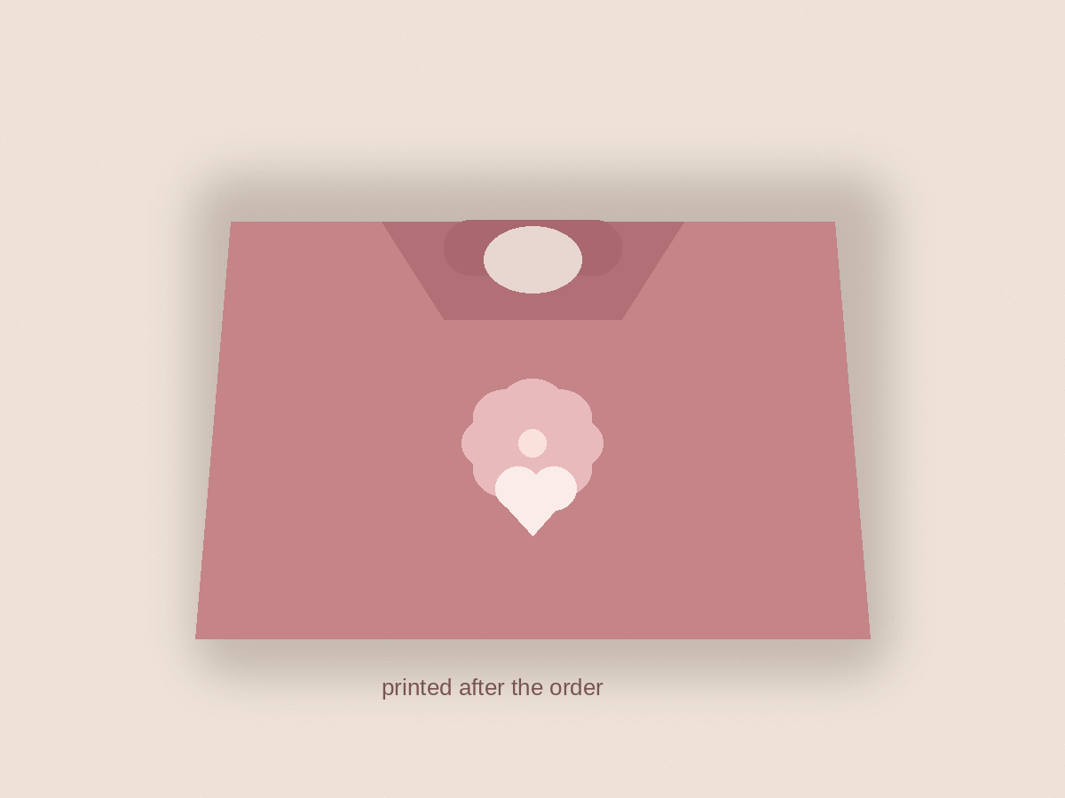 Original illustration of a folded dusty-rose tee with a rose heart, not worn by a person.